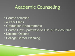 Academic Counseling
• Course selection
• 4 Year Plans
• Graduation Requirements
• Course Flow - pathways to G11 & G12 courses
• Diploma Options
• College/Career Planning
 