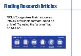 NCLIVE organizes their resources
into six browsable formats. Need an
article? Try using the “articles” tab
on NCLIVE.
Finding Research Articles
 