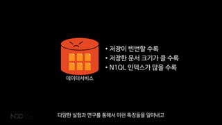 데이터서비스
• 저장이 빈번할 수록
• 저장한 문서 크기가 클 수록
• N1QL 인덱스가 많을 수록
다양한 실험과 연구를 통해서 이런 특징들을 알아내고
 