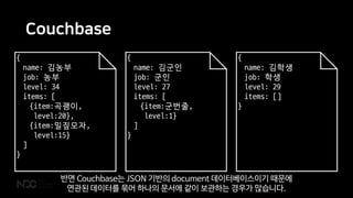 Couchbase
{
name: 김농부
job: 농부
level: 34
items: [
{item:곡괭이,
level:20},
{item:밀짚모자,
level:15}
]
}
{
name: 김군인
job: 군인
level: 27
items: [
{item:군번줄,
level:1}
]
}
{
name: 김학생
job: 학생
level: 29
items: []
}
반면 Couchbase는 JSON 기반의 document 데이터베이스이기 때문에
연관된 데이터를 묶어 하나의 문서에 같이 보관하는 경우가 많습니다.
 