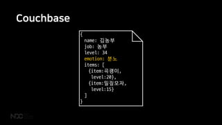 Couchbase
{
name: 김농부
job: 농부
level: 34
emotion: 분노
items: [
{item:곡괭이,
level:20},
{item:밀짚모자,
level:15}
]
}
 