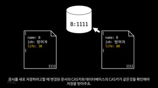 {
name: B
job: 방어자
life: 30
}
1111
{
name: B
job: 방어자
life: 80
}
1111
B:1111
문서를 새로 저장하려고할 때 변경된 문서의 CAS키와 데이터베이스의 CAS키가 같은것을 확인해야
저장을 받아주죠.
 