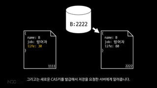 {
name: B
job: 방어자
life: 30
}
1111
{
name: B
job: 방어자
life: 80
}
2222
B:2222
그리고는 새로운 CAS키를 발급해서 저장을 요청한 서버에게 알려줍니다.
 