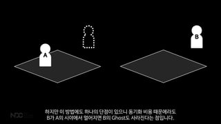 B
A
하지만 이 방법에도 하나의 단점이 있으니 동기화 비용 때문에라도
B가 A의 시야에서 멀어지면 B의 Ghost도 사라진다는 점입니다.
 