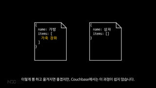 {
name: 가방
items: [
가죽 장화
]
}
{
name: 상자
items: []
}
이렇게 뿅 하고 옮겨지면 좋겠지만, Couchbase에서는 이 과정이 쉽지 않습니다.
 