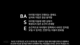 BA
S
E
아이템 이동이 진행되는 중에도
상자와 가방은 정상 동작함
아이템 이동에 대한 상태가
확정되지 않은 순간이 존재함
순간적으로 아이템이 양쪽에서 사라진 것처럼
보일 수 있지만, 언젠가는 이동이 완료됨
BASE 트랜잭션은 ACID 트랜잭션을 지원하지 않을 때에 애플리케이션 레벨에서
ACID와 비슷한 동작을 위해서 만족해야 하는 특성들을 모아둔 것이라 하겠습니다.
 