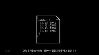 {
estates: [
[3, 2]: 김부자
[2, 1]: 김부자
[2, 2]: 김부자
[1, 1]: 김서민
]
}
Grid 문서를 살펴보면 대충 이와 같은 모습을 하고 있습니다.
 