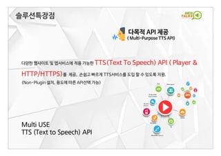 다목적 API 제공
( Multi-Purpose TTS API)
다양한 웹사이트 및 앱서비스에 적용 가능한 TTS(Text To Speech) API ( Player &
HTTP/HTTPS)를 제공, 손쉽고 빠르게 TTS서비스를 도입 할 수 있도록 지원.
(Non-Plugin 설치, 용도에 따른 API선택 가능)
솔루션특장점
Multi USE
TTS (Text to Speech) API
 