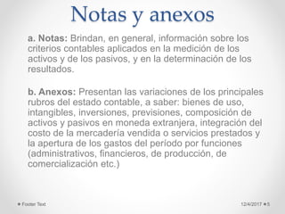 Notas y anexos
a. Notas: Brindan, en general, información sobre los
criterios contables aplicados en la medición de los
activos y de los pasivos, y en la determinación de los
resultados.
b. Anexos: Presentan las variaciones de los principales
rubros del estado contable, a saber: bienes de uso,
intangibles, inversiones, previsiones, composición de
activos y pasivos en moneda extranjera, integración del
costo de la mercadería vendida o servicios prestados y
la apertura de los gastos del período por funciones
(administrativos, financieros, de producción, de
comercialización etc.)
12/4/2017Footer Text 5
 