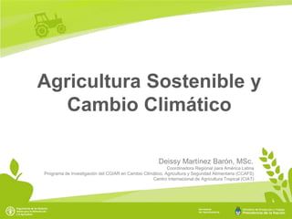 Agricultura Sostenible y
Cambio Climático
Deissy Martínez Barón, MSc.
Coordinadora Regional para América Latina
Programa de Investigación del CGIAR en Cambio Climático, Agricultura y Seguridad Alimentaria (CCAFS)
Centro Internacional de Agricultura Tropical (CIAT)
 