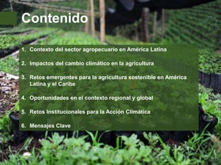 Contenido
1. Contexto del sector agropecuario en América Latina
2. Impactos del cambio climático en la agricultura
3. Reto...