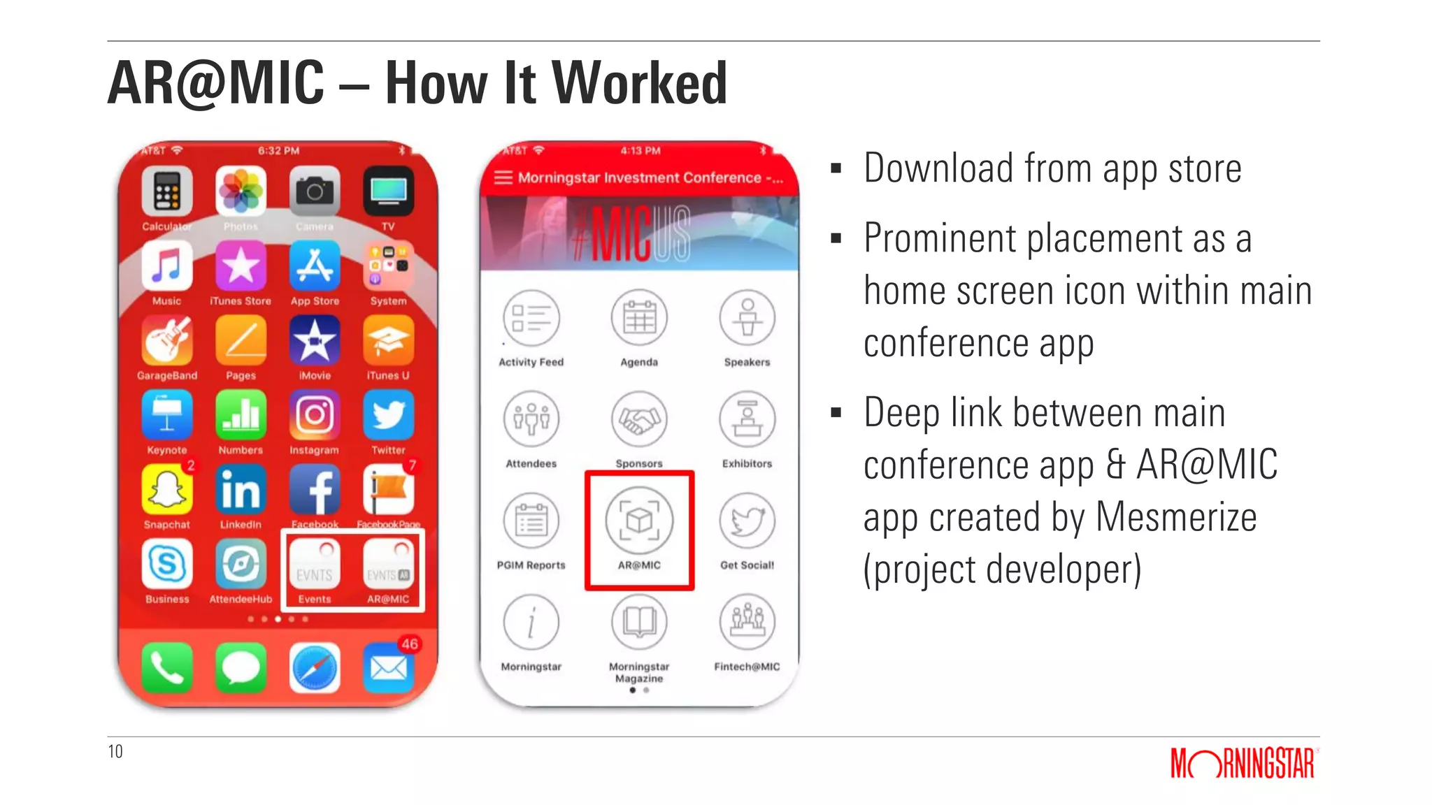 10
AR@MIC – How It Worked
▪ Download from app store
▪ Prominent placement as a
home screen icon within main
conference app
▪ Deep link between main
conference app & AR@MIC
app created by Mesmerize
(project developer)
 