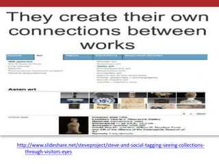 http://www.slideshare.net/steveproject/steve-and-social-tagging-seeing-collections-
through-visitors-eyes
 
