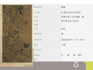 藏品類型 繪畫
作品號 故-畫-000397-00000
品名 明邊文進三友百禽圖 軸
作者 邊文進,Bian Wenjin
書體
色彩 設色
裝裱形式 軸
創作時間 明成祖永樂十一年（1413）
數量 一軸
作品語文
集叢號 件： 開： 幅： 單件
釋文
 