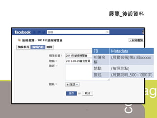 展覽_後設資料
FB Metadata
相簿名
稱
(展覽名稱)第x 組xxxxxx
地點 (拍照地點)
描述 (展覽說明_500~1000字)
 