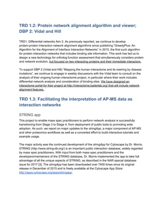 TRD 1.2: Protein network alignment algorithm and viewer;
DBP 2: Vidal and Hill
TRD1, Differential networks Aim 2. As previously reported, we continue to develop
protein-protein interaction network alignment algorithms since publishing “GreedyPlus: An
Algorithm for the Alignment of Interface Interaction Networks” in 2015, the first such algorithm
for protein interaction networks that includes binding site information. This work has led us to
design a new technology for ortholog function assessment that simultaneously considers protein
and network evolution, ​but focused on two interacting proteins and their immediate interactors.
To support DBP 2 (Vidal and Hill) “Mapping the human interactome and its rewiring by disease
mutations”, we continue to engage in weekly discussions with the Vidal team to consult on the
analysis of their ongoing human interactome project, in particular where their work includes
differential network analysis and consideration of binding sites. ​We have designed an
interactome portal for their project at http://interactome.baderlab.org/ that will include network
alignment features.
TRD 1.3: Facilitating the interpretation of AP-MS data as
interaction networks
STRING app
This project to enable mass spec practitioners to perform network analysis is successfully
transitioning from Stage 3 to Stage 4, from deployment of public tools to promoting wide
adoption. As such, we report on major updates to the ​stringApp​, a major component of AP-MS
and other proteomics workflows as well as a concerted effort to build interactive tutorials and
example usage.
The major activity was the continued development of the ​stringApp​ for Cytoscape by Dr. Morris.
STRING (http://www.string-db.org/) is an important public interaction database, widely regarded
by mass spec practitioners. With input from both mass spec practitioners and the
developers/maintainers of the STRING database, Dr. Morris implemented the app to take full
advantage of all the unique aspects of STRING, as described in the NAR special database
issue for 2017 [3]. The ​stringApp​ has been downloaded over 7400 times since its original
release in December of 2015 and is freely available at the Cytoscape App Store:
http://apps.cytoscape.org/apps/stringapp​.
 