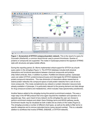 Figure 1. Screenshot of STITCH compound-protein network. ​This is the result of a query for
Coumadin (Warfarin®), a common blood thinner used to prevent thrombosis. Queries of
proteins or compounds are supported. The nodes in Cytoscape preserve the signature STRING
style with structures and glass bobble effects.
During this reporting period, Dr. Morris implemented critical support for STITCH as a fourth
query option in the ​stringApp​ (Figure 1). The STITCH database includes both physical
interactions and functional associations between chemical compounds and proteins
(http://stitch.embl.de). Now, in addition to ​protein​, ​PubMed​ and ​disease​ queries, Cytoscape
users can select ​STITCH: protein/compound query​ and interrogate the STITCH database for
protein-compound interactions. This new dimension of interactions allows researchers to
extend protein networks into compound space or build protein networks from a set of one or
more compounds. This nicely complements any network or protein interaction resource tools
already available in Cytoscape. It is particularly relevant to the growing demand and data deluge
for drug compound screens and metabolomics, which includes mass spectrometry practitioners.
Another feature added to the ​stringApp​ during this period is enrichment analysis. This was a
major step in the AP-MS protocol that once again required the installation and operation of a
separate app. Now, upon import of any network via the ​stringApp​ the user can choose to
perform enrichment analysis and obtain Gene Ontology terms and KEGG pathway results.
Enrichment results may be visualized as both a table and as charts on the nodes (Figure 2).
The ​stringApp​ provides a number of different chart types, as well as the ability to filter terms to
specific categories and to remove redundant terms (using Jaccard overlap). This is a valuable
addition to workflows that involve STRING, DISEASE, or STITCH networks.
 