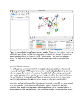 Figure 2: Screenshot of ​stringApp​ enrichment results.​ This shows the results of performing
a DISEASE query for the top 10 proteins associated with Alzheimer’s disease. The enrichment
results have been filtered to show only the GO Process category and to remove redundant
terms. The “Split donut” chart (the default) has been used to show the enrichment of each
protein.
Identifier Mapper Core App
The Id-Mapper app performs a critical role in integrating disparate databases. Proteins and
compounds identified in AP-MS experiments are not generally labeled sufficiently for querying
external analysis, Our analysis of the protocol showed that a lot of complexity experienced in
mass spec analysis stems from identifier and terminology mismatch. Our experience has been
that each iteration of developing this workflow involves improvements to the id-mapper core
app. During this past year, the app was revised to support automation and scriptibility.
Automation is a key new feature of the Cytoscape architecture in version 3.7. Id-mapper served
as an early use case in adding command functionality to apps. Because this app is an
extension of the table browser subsystem, it serves as a forerunner for a series of features in
table processing, which is a key function in the near future following the roadmap of the project.
 