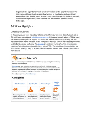 to generate the legend and then to create annotations of the graph to represent that
information. Although this is a secondary function of visualization software, it is an
essential part of a finished report, so users have been frustrated by having to manually
construct their legends in outside software and add it to their figures outside of
Cytoscape.
Additional Highlights
Cytoscape tutorials
In the past year, we have moved our tutorial content from our previous Open Tutorials site to
GitHub Pages reachable via ​tutorials.cytoscape.org​. Cytoscape tutorials allows NRNB to reach
our goal of providing tutorial support to a broad and diverse community. Currently, the site
includes tutorials mainly for users. In the past year, Cytoscape tutorials have been significantly
updated and are now built using the ​reveal.js​ presentation framework​, which enables easy
creation of attractive interactive slide decks using HTML. The tutorials and presentations are
modularized, making it easy to reuse content and extend content. See Training component for
more details.
 