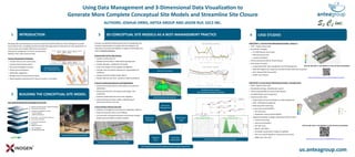 Using Data Management and 3-Dimensional Data Visualization to
Generate More Complete Conceptual Site Models and Streamline Site Closure
AUTHORS: JOSHUA ORRIS, ANTEA GROUP AND JASON RUF, S2C2 INC.
Managing data and developing an accurate Conceptual Site Model (CSM) are critical challenges for complex
environmental sites. Leveraging innovation through technology supports improvements in the development of
more accurate and complete CSMs that are focused on
tailoring the management of a client’s environmental
liability to their unique business needs.
Technical Management Challenges:
 Complex data sets over several years.
 Complex environmental systems.
 Varied site investigation methods.
 Performance inconsistency.
 Stakeholder engagement.
 Receptors & third-party potential impacts.
 Varied regulatory requirements for cleanup: numeric vs risk-based.
INTRODUCTION 3D CONCEPTUAL SITE MODELS AS A BEST-MANAGEMENT PRACTICE CASE STUDIES
CASE STUDY 1: 1.6-acre Former Manufacturing Facility—Tampa, FL
 1992 – Original release date.
 Remediation strategies:
 $1.0 MM lifecycle cost-to-date.
 IRM GW pump & treat.
 Injection of ZVI/EVO.
 GW monitoring was $50k @ 30-year lifecycle.
 2015 Project Transition:
 Implemented 3DVA, data management and CSM development.
 HRSC MIP program was scoped but was deferred after 3DVA was completed.
 2017 obtained FDEP Closure NFA.
 $100K 2-year lifecycle.
1 3 4
TRADITIONAL WORKFLOW—
NOT A COMPREHENSIVE CSM
Goal: Build all Relevant Site Knowledge into the CSM
us.anteagroup.com
Provides a standardized solution process for the management and
consistent representation of complex data sets leading to cost
reductions of environmental liabilities in support of facilitating more
informed business decisions.
Technical Data Tool for Data Analysis:
 Evaluate complex data sets.
 Evaluate chemical data in relationship to geologic data.
 Evaluate data gaps—statistically and visually.
 Assist in the design of more targeted investigations.
 Calculate mass and volume estimates for varying degrees of
confidence.
 Evaluate potential remedial design options.
 Evaluate data sets over time: predictive model (simulations).
A Tool to Communicate Data Sets to All Stakeholders:
 Assists technical team present information to non-technical
stakeholders.
 Global cultural barriers minimized by technology—data
visualization.
 Facilitates collaborative discussions with regulators.
 Helps ownership team gain a better understanding of
environmental drivers and risks.
A Tool to Reduce Lifecycle Costs ($$):
 Validation of strategies & investments for stakeholder influence.
 Enhanced corporate reserve cost modeling.
 Can assist with risk-based assessments and evaluate remedial
design based prioritized to sensitive receptors.
CASE STUDY 2: 12-acre Former Manufacturing Facility—Sorocaba, Brazil
 2003—Original release date.
 Remediation strategy—Biostimulation system.
 GW monitoring $200k annual @ 30-year lifecycle.
 $2.0 MM lifecycle cost through 2011.
 Project transition 2011:
 Implemented 3D Data Visualization and CSM Development.
 $50k – 3DVA/data management.
 $60k annual GW monitoring.
 2 new source areas identified:
 Hot melt sump.
 Wastewater treatment plant (WWTP).
 Targeted remediation strategies implemented (2012 & 2014):
 Chemical soil mixing.
 Source area excavation.
 Hot melt sump.
 WWTP—demolition.
 Permeable reactive barrier design & installation.
 2017 site reached regulatory commercial closure levels.
 $800k spent 2011-2017.
DATA VISUALIZATION IS THE CENTRAL COMMUNICATION AND TECHNICAL ANALYSIS TOOL
FIELD DATA COLLECTION TO 3D VISUALIZATION
CORPORATE RESERVE COST MODELING BASED ON 3D CSM
HRSC MiHPT DATA ANALYSIS
OFF-SITE RECEPTOR EVALUATION AND RISK EVALUATION
REMEDIATION DESIGN AND EVALUATION
y = -0.0002x + 5.0412
R² = 0.0555
y = -0.0002x + 6.2259
R² = 0.0454
y = -0.0018x + 1.7613
R² = 0.2613
-10
-8
-6
-4
-2
0
2
4
0
1
2
3
4
5
6
7
8
0 500 1000 1500 2000 2500
ln(Concentration)
Cumulative Days
Carbon Tetrachloride - South Plume
Average Concentration Maximum Concentration Mass Decay
Linear (Average Concentration) Linear (Maximum Concentration) Linear (Mass Decay)
May-05 Oct-06 Feb-08 Jul-09 Nov-10 Apr-12 Aug-13 Dec-14 May-16 Sep-17 Feb-19
0
1000
2000
3000
4000
5000
6000
-
2.0
4.0
6.0
8.0
10.0
12.0
14.0
May-05 Oct-06 Feb-08 Jul-09 Nov-10 Apr-12 Aug-13 Dec-14 May-16 Sep-17 Feb-19
Concentration(Ug/L)
CarbonTetrachlorideMass(kg)
Date
Carbon Tetrachloride - South Plume
Mass Average Concentration Maximum Concentrations
TIME SERIES AND DECAY ANALYSIS—
MASS, CONCENTRATION (AVERAGE & MAXIMUM)
BUILDING THE CONCEPTUAL SITE MODEL2
 Effective remedy selection, engineering design.
 Performance monitoring.
 Innovative investigation methods:
Direct sampling.
Mobile laboratories.
 Real estate—current & future land use.
 Source area evaluation.
 Contaminant distribution.
 Receptors.
 Regulatory drivers.
 Site investigation.
 Geology/hydrogeology.
https://www.youtube.com/watch?v=QTaBqIeNPPY&feature=youtu.be
Click the QR Code or the Weblink to View 3D Data Visualization
Click the QR Code or the Weblink to View 3D Data Visualization
https://www.youtube.com/watch?v=ali4LT2Sz2w&feature=youtu.be
 