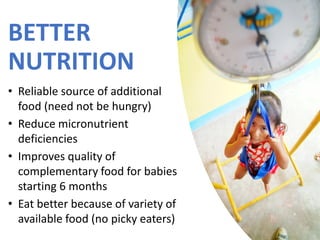 BETTER
NUTRITION
• Reliable source of additional
food (need not be hungry)
• Reduce micronutrient
deficiencies
• Improves quality of
complementary food for babies
starting 6 months
• Eat better because of variety of
available food (no picky eaters)
 