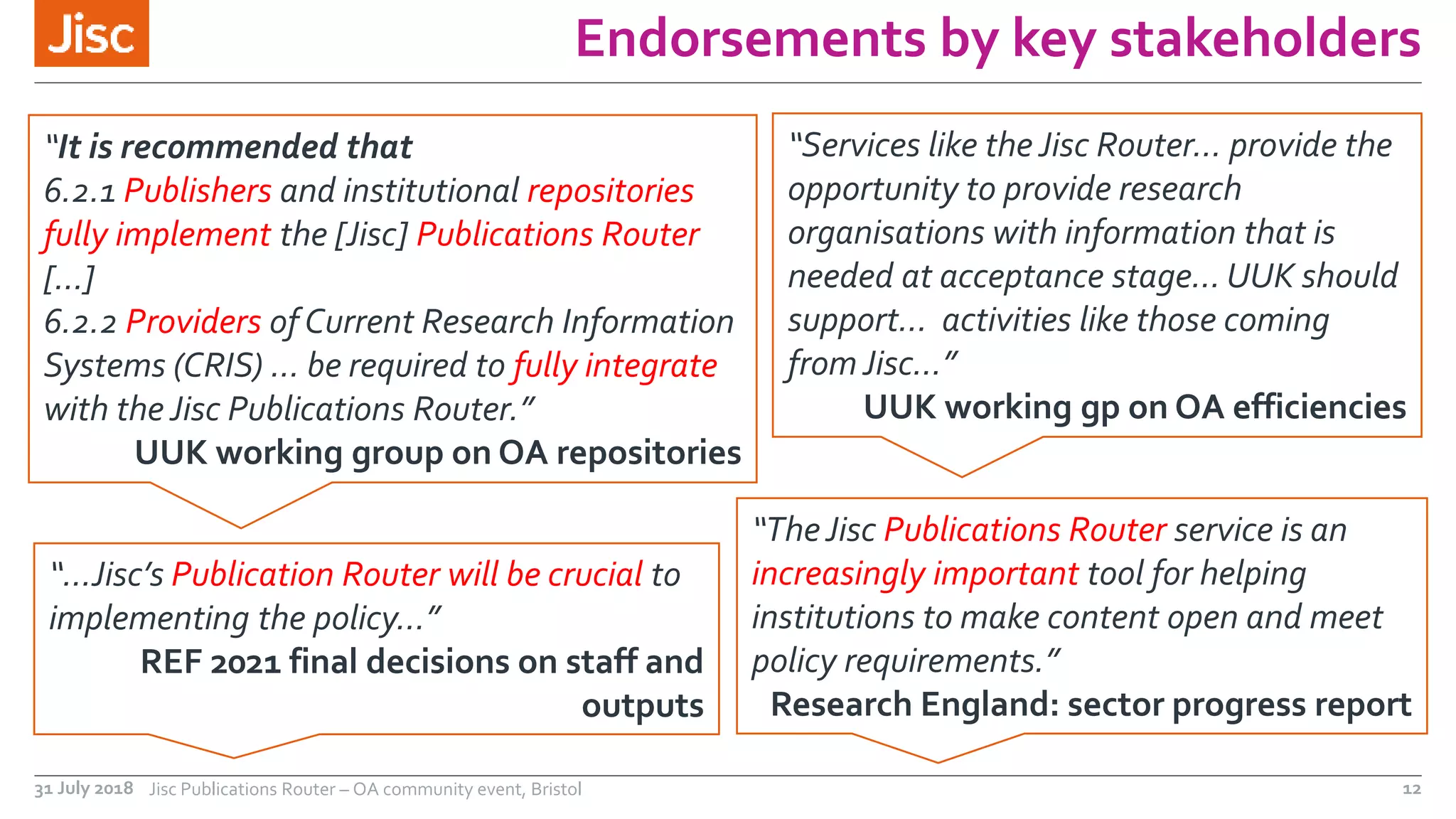 Endorsements by key stakeholders
31 July 2018 Jisc Publications Router – OA community event, Bristol 12
“It is recommended that
6.2.1 Publishers and institutional repositories
fully implement the [Jisc] Publications Router
[…]
6.2.2 Providers of Current Research Information
Systems (CRIS) … be required to fully integrate
with the Jisc Publications Router.”
UUK working group on OA repositories
“Services like the Jisc Router… provide the
opportunity to provide research
organisations with information that is
needed at acceptance stage… UUK should
support… activities like those coming
from Jisc…”
UUK working gp on OA efficiencies
“…Jisc’s Publication Router will be crucial to
implementing the policy…”
REF 2021 final decisions on staff and
outputs
“TheJisc Publications Router service is an
increasingly important tool for helping
institutions to make content open and meet
policy requirements.”
Research England: sector progress report
 