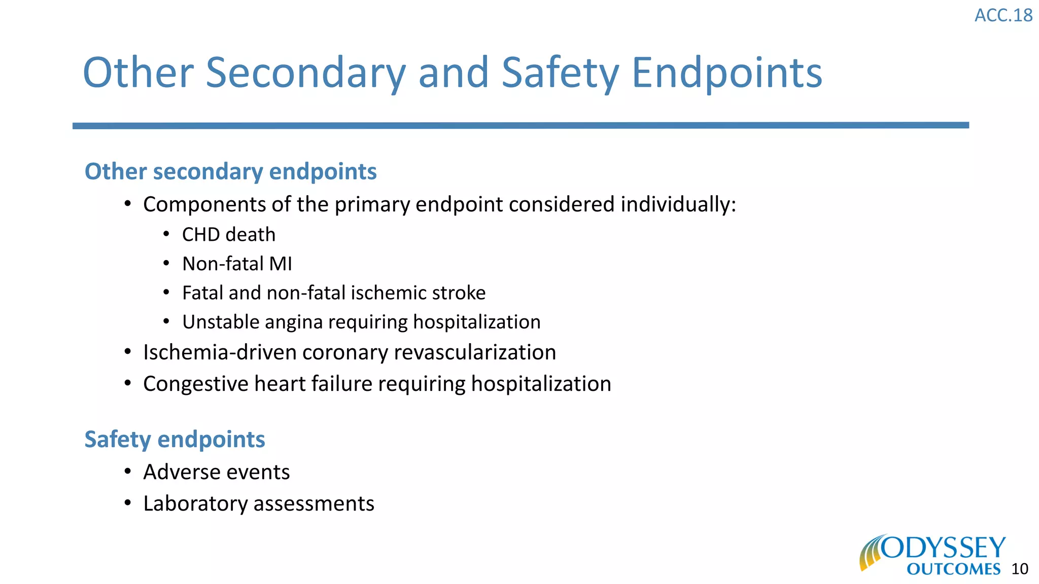 ACC.18
10
Other Secondary and Safety Endpoints
Other secondary endpoints
• Components of the primary endpoint considered individually:
• CHD death
• Non-fatal MI
• Fatal and non-fatal ischemic stroke
• Unstable angina requiring hospitalization
• Ischemia-driven coronary revascularization
• Congestive heart failure requiring hospitalization
Safety endpoints
• Adverse events
• Laboratory assessments
 