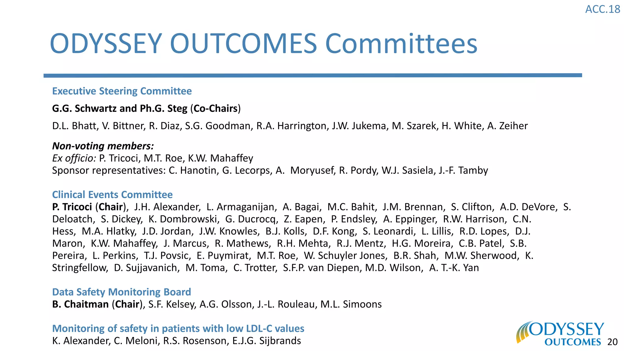 ACC.18
20
Executive Steering Committee
G.G. Schwartz and Ph.G. Steg (Co-Chairs)
D.L. Bhatt, V. Bittner, R. Diaz, S.G. Goodman, R.A. Harrington, J.W. Jukema, M. Szarek, H. White, A. Zeiher
Non-voting members:
Ex officio: P. Tricoci, M.T. Roe, K.W. Mahaffey
Sponsor representatives: C. Hanotin, G. Lecorps, A. Moryusef, R. Pordy, W.J. Sasiela, J.-F. Tamby
Clinical Events Committee
P. Tricoci (Chair), J.H. Alexander, L. Armaganijan, A. Bagai, M.C. Bahit, J.M. Brennan, S. Clifton, A.D. DeVore, S.
Deloatch, S. Dickey, K. Dombrowski, G. Ducrocq, Z. Eapen, P. Endsley, A. Eppinger, R.W. Harrison, C.N.
Hess, M.A. Hlatky, J.D. Jordan, J.W. Knowles, B.J. Kolls, D.F. Kong, S. Leonardi, L. Lillis, R.D. Lopes, D.J.
Maron, K.W. Mahaffey, J. Marcus, R. Mathews, R.H. Mehta, R.J. Mentz, H.G. Moreira, C.B. Patel, S.B.
Pereira, L. Perkins, T.J. Povsic, E. Puymirat, M.T. Roe, W. Schuyler Jones, B.R. Shah, M.W. Sherwood, K.
Stringfellow, D. Sujjavanich, M. Toma, C. Trotter, S.F.P. van Diepen, M.D. Wilson, A. T.-K. Yan
Data Safety Monitoring Board
B. Chaitman (Chair), S.F. Kelsey, A.G. Olsson, J.-L. Rouleau, M.L. Simoons
Monitoring of safety in patients with low LDL-C values
K. Alexander, C. Meloni, R.S. Rosenson, E.J.G. Sijbrands
ODYSSEY OUTCOMES Committees
 