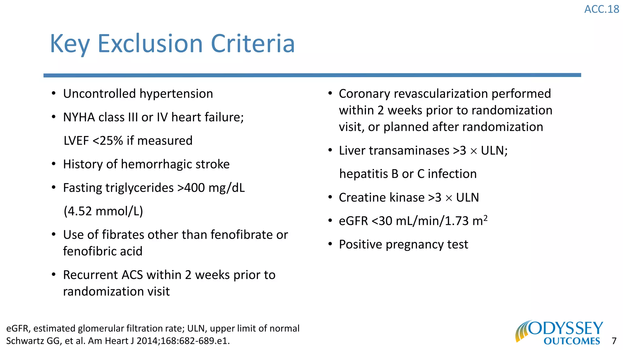 ACC.18
7
Key Exclusion Criteria
• Uncontrolled hypertension
• NYHA class III or IV heart failure;
LVEF <25% if measured
• History of hemorrhagic stroke
• Fasting triglycerides >400 mg/dL
(4.52 mmol/L)
• Use of fibrates other than fenofibrate or
fenofibric acid
• Recurrent ACS within 2 weeks prior to
randomization visit
• Coronary revascularization performed
within 2 weeks prior to randomization
visit, or planned after randomization
• Liver transaminases >3  ULN;
hepatitis B or C infection
• Creatine kinase >3  ULN
• eGFR <30 mL/min/1.73 m2
• Positive pregnancy test
eGFR, estimated glomerular filtration rate; ULN, upper limit of normal
Schwartz GG, et al. Am Heart J 2014;168:682-689.e1.
 