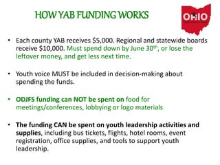 HOW YAB FUNDING WORKS
• Each county YAB receives $5,000. Regional and statewide boards
receive $10,000. Must spend down by June 30th, or lose the
leftover money, and get less next time.
• Youth voice MUST be included in decision-making about
spending the funds.
• ODJFS funding can NOT be spent on food for
meetings/conferences, lobbying or logo materials
• The funding CAN be spent on youth leadership activities and
supplies, including bus tickets, flights, hotel rooms, event
registration, office supplies, and tools to support youth
leadership.
 
