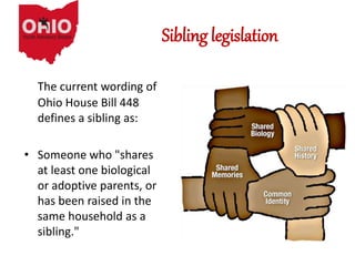 Sibling legislation
The current wording of
Ohio House Bill 448
defines a sibling as:
• Someone who "shares
at least one biological
or adoptive parents, or
has been raised in the
same household as a
sibling."
 