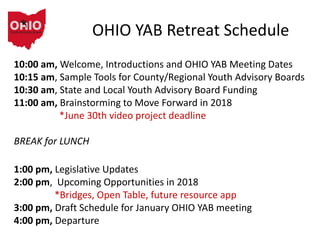 OHIO YAB Retreat Schedule
10:00 am, Welcome, Introductions and OHIO YAB Meeting Dates
10:15 am, Sample Tools for County/Regional Youth Advisory Boards
10:30 am, State and Local Youth Advisory Board Funding
11:00 am, Brainstorming to Move Forward in 2018
*June 30th video project deadline
BREAK for LUNCH
1:00 pm, Legislative Updates
2:00 pm, Upcoming Opportunities in 2018
*Bridges, Open Table, future resource app
3:00 pm, Draft Schedule for January OHIO YAB meeting
4:00 pm, Departure
 