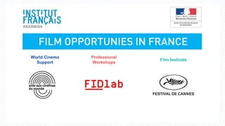 FILM OPPORTUNIES IN FRANCE
World Cinema
Support
Professional
Workshops
Film festivals
 