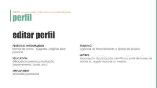 perfil
ORCID: as suas publicações num único identificador
editar perfil
FUNDING
agência de financiamento e dados do projet...