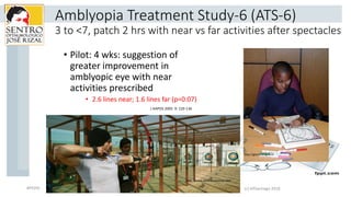 Amblyopia Treatment Study-6 (ATS-6)
3 to <7, patch 2 hrs with near vs far activities after spectacles
• Pilot: 4 wks: sugg...