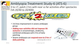 Amblyopia Treatment Study-6 (ATS-6)
3 to <7, patch 2 hrs with near vs far activities after spectacles
(VA 20/40 to 20/400)...
