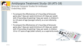 Amblyopia Treatment Study-18 (ATS-18)
Binocular Computer Studies for Amblyopia
Ended May 2016
• To compare the effectivene...