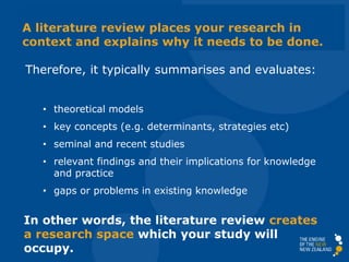 A literature review places your research in
context and explains why it needs to be done.
Therefore, it typically summarises and evaluates:
• theoretical models
• key concepts (e.g. determinants, strategies etc)
• seminal and recent studies
• relevant findings and their implications for knowledge
and practice
• gaps or problems in existing knowledge
In other words, the literature review creates
a research space which your study will
occupy.
 