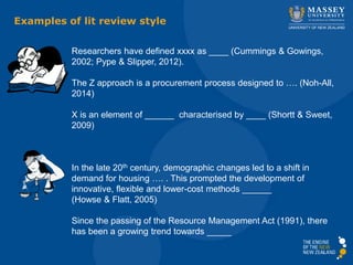 Examples of lit review style
Researchers have defined xxxx as ____ (Cummings & Gowings,
2002; Pype & Slipper, 2012).
The Z approach is a procurement process designed to …. (Noh-All,
2014)
X is an element of ______ characterised by ____ (Shortt & Sweet,
2009)
In the late 20th century, demographic changes led to a shift in
demand for housing …. . This prompted the development of
innovative, flexible and lower-cost methods ______
(Howse & Flatt, 2005)
Since the passing of the Resource Management Act (1991), there
has been a growing trend towards _____
 