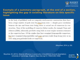 Moynihan, M. (2014). Material efficiency in construction (Unpublished doctoral dissertation).
University of Cambridge, England. https://doi.org/10.17863/CAM.14082
(Moynihan, 2014, p. 29)
Example of a summary paragraph, at the end of a section,
highlighting the gap in existing literature on this specific
issue
 