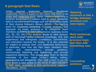 Unlike classical leadership theories, Situational
Leadership Theory is based on the notion that there is no
single best leadership style; rather, effective leadership is
dynamic and adaptive. Leaders need to adapt constantly
both to environmental changes and the developing needs
of their diverse followers (Brown, 2014). The starting
point for situational leadership is needs analysis. One
approach to needs analysis is to categorise team
members according to their performance readiness levels
(R1, R2, R3, R4). This analysis needs to take account
both of individuals’ ability (relevant knowledge, skill, and
experience) and willingness (confidence, commitment,
and motivation towards the tasks). It is also essential
for leaders to analyse their own leadership behaviours;
in particular, how they tell their team members their
duties and responsibilities, provide guidance,
communicate (listening and explaining) and provide
supportive behaviors. This should allow them to identify
examples of four major styles: telling, selling,
participating and delegating. Their task is then to use the
style which is best suited to the needs of each individual
in their team, according to their performance readiness
(Ronaldson, 2010).
A paragraph that flows
Opening
sentence is like a
bridge between
previous and
new topics
Most sentences
start with
previous topic
and then add
something new
Concluding
sentence
 