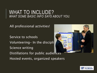 WHAT TO INCLUDE?
WHAT SOME BASIC INFO SAYS ABOUT YOU.
All professional activities!
Service to schools
Volunteering- In the discipline
Science writing
Distillations for public audiences
Hosted events, organized speakers
 