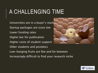 A CHALLENGING TIME
Universities are in a buyer’s market
Startup packages are scary low
Lower funding rates
Higher bar for publication
Higher costs of student support
Older students and postdocs
Low-hanging fruits are few and far between
Increasingly difficult to find your research niche
 