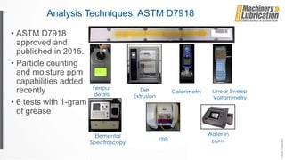 Analysis Techniques: ASTM D7918
• ASTM D7918
approved and
published in 2015.
• Particle counting
and moisture ppm
capabilities added
recently
• 6 tests with 1-gram
of grease
Ferrous
debris
Die
Extrusion
Colorimetry Linear Sweep
Voltammetry
Elemental
Spectroscopy
FTIR
Water in
ppm
 