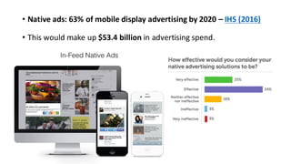 • Native	ads:	63%	of	mobile	display	advertising	by	2020	– IHS	(2016)
• This	would	make	up $53.4	billion in	advertising	spend.
 