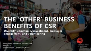 1
Proof points for the CSR business case
May 2018
John Heckbert, United Way Ottawa
 