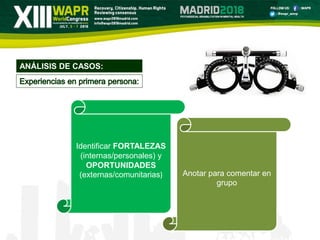 ANÁLISIS DE CASOS:
Identificar FORTALEZAS
(internas/personales) y
OPORTUNIDADES
(externas/comunitarias) Anotar para comentar en
grupo
 
