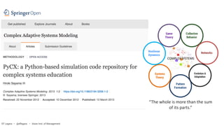 Game
Theory
Collective
Behavior
Networks
Evolution &
Adaptation
Pattern
Formation
Systems
Theory
Nonlinear
Dynamics
COMPLEX	SYSTEMS
“The whole is more than the sum
of its parts.”
EF Legara • @eflegara • Asian Inst. of Management
 