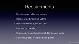This is not a contribution
Requirements
• Massive scale, billions of metrics
• Resiliency and maximum uptime
• Real time (seconds, not minutes)
• Low latency querying
• High concurrency (thousands of dashboards, alerts)
• Easy debugging - ﬂexible ad-hoc queries
 