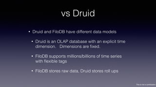 This is not a contribution
vs Druid
• Druid and FiloDB have different data models
• Druid is an OLAP database with an explicit time
dimension. Dimensions are ﬁxed.
• FiloDB supports millions/billions of time series
with ﬂexible tags
• FiloDB stores raw data, Druid stores roll ups
 
